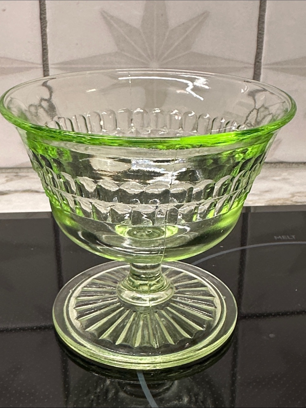 Anchor Hocking Roulette Green Glass Dessert Coupe - Uranium-Style pedestal dish